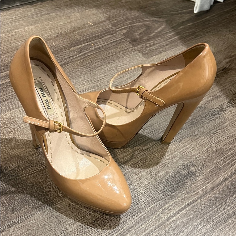 Miu Miu Nude Patent Leather Mary Jane High Heels
